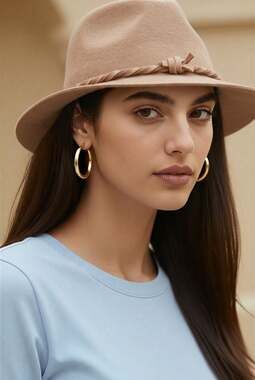 D&Y 100% Wool Fedora Hat Tan Braided Trim One Size